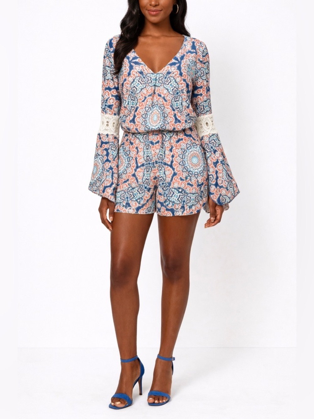 My Michelle SZ S Blue/orange boho bell sleeve romper w/lace accents/bust 36”